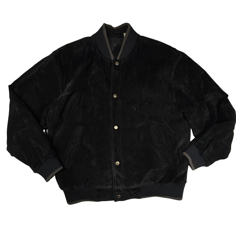 VTG Roundtree & Yorke Black Suede Leather Bomber Jacket Mens Large Button‎ Up